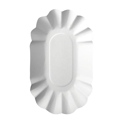 Oválny biely jednorazový tanier "pure" od PAPSTAR GmbH (PAPSTAR 250 misiek) je FSC-certifikovaný, má vrúbkovaný okraj a je zobrazený zhora na jednofarebnom pozadí.