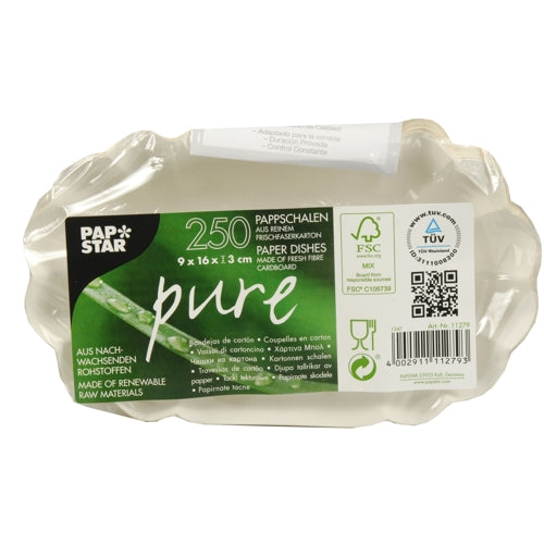 Balenie s 250 PAPSTAR misiek, lepenka "pure" ovál biela od PAPSTAR GmbH - z čerstvej vlákniny a FSC-certifikovaného, udržateľného materiálu, rozmery 9 x 16 x 3 cm.