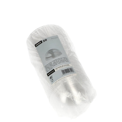 Balenie s 50 Starpak Dom-vrchnákmi „Hurricane“ PET vrchnákmi (číre, okrúhle, Ø 9,5 cm, bez otvoru) je dodávané v priehľadnom obale s bielo-sivou etiketou, na ktorej sú zobrazené informácie o produkte, čiarový kód a značka Starpak pre bezpečné uzatvorenie.