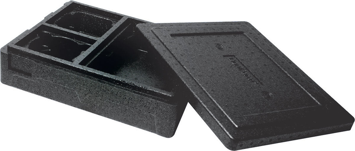 Die Duni GmbH Thermobox 3 Schwarz EPP ist eine schwarze, rechteckige Isolierbox mit aufgesetztem Deckel und Innenfächern - ideal zum Warmhalten von Speisen und Getränken beim Transport.