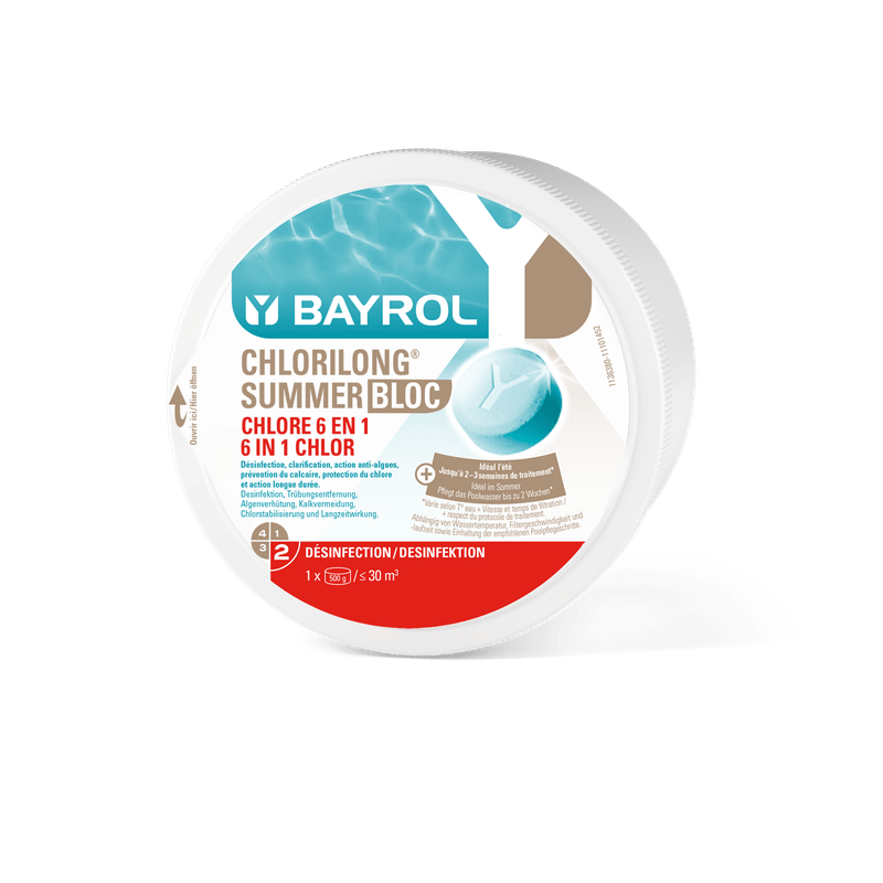 BAYROL Chlorilong Summer Bloc 0,5 kg 6v1 Starostlivosť o bazén pre krištáľovo čistú vodu | Balenie (500 g) 