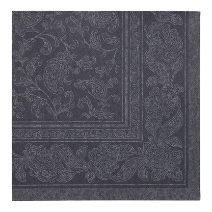 Dunkelgraue PAPSTAR GmbH 20 Servietten "ROYAL Collection" (40x40 cm, 1/4 gefaltet) mit detailliertem Paisley- und floralem Randmuster, feinen Linien und dezenter Bordüre - gefertigt aus hochwertigem Tissue.
