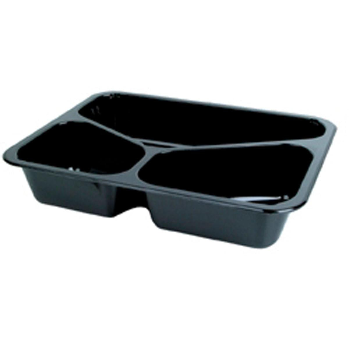 Die CPET-Schale 225x175 mm von Duni GmbH in Schwarz mit drei Fächern ist hitzebeständig - perfekt für umweltfreundliches Takeaway und Catering von warmen Mahlzeiten. Verpackungseinheit: 300 Stück.