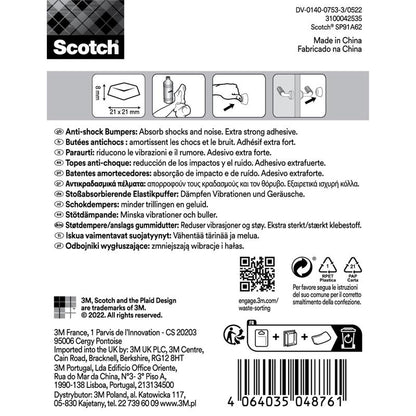 Zadná strana samolepiaceho priehľadného elastického nárazového tlmiča Scotch® na steny SP91A62, samolepiace, priehľadné, 21 × 21 mm, 6/kus od 3M Deutschland GmbH - vrátane viacjazyčného návodu, čiarového kódu, ikon, log a QR kódu. Vyrobené v Číne.
