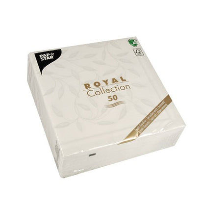 Zapečatené balenie s 50 bielymi PAPSTAR "ROYAL Collection" servítkami (40 x 40 cm, 1/4-sklad) od PAPSTAR GmbH. Väčšinou biele balenie je ozdobené zlatým a čiernym textom a zeleným certifikačným logom v pravom hornom rohu.