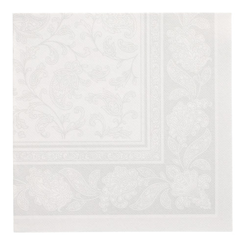 PAPSTAR 50 servítok "ROYAL Collection" 1/4-sklad, 40 x 40 cm, biele papierové servítky od PAPSTAR GmbH s reliéfnym kvetinovým a paisley vzorom na okraji a v strede pre jemný, štruktúrovaný vzhľad.