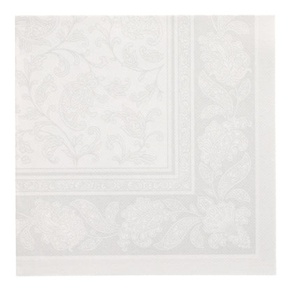 PAPSTAR 50 servítok "ROYAL Collection" 1/4-sklad, 40 x 40 cm, biele papierové servítky od PAPSTAR GmbH s reliéfnym kvetinovým a paisley vzorom na okraji a v strede pre jemný, štruktúrovaný vzhľad.