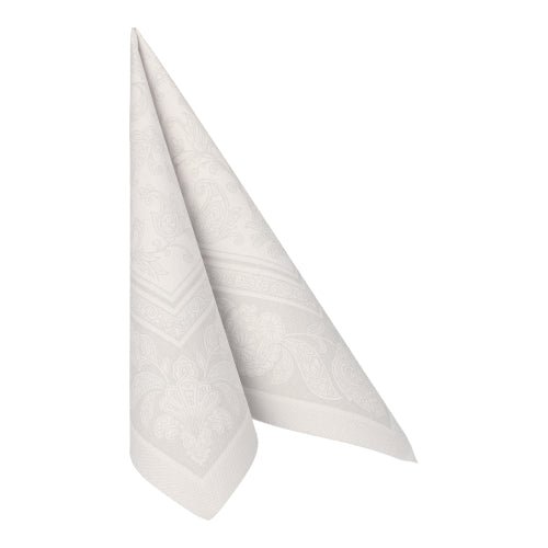 Jedna samostatná biela servítka z PAPSTAR 50 servítok "ROYAL Collection" (1/4-sklad, 40 x 40 cm) od PAPSTAR GmbH je zložená do stojaceho trojuholníka s jemným vzorom, ktorý je zobrazený na jednoduchom bielom pozadí.