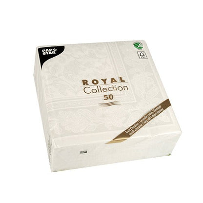 Balenie bieleho, štvorcového tvaru s nápisom "PAPSTAR 50 servítok ROYAL Collection" je zdobené jemným kvetinovým vzorom a obsahuje 50 bielych servítok (1/4-sklad, 40x40 cm). V ľavom hornom rohu je malé čierne logo PAPSTAR GmbH s bielym písmom.