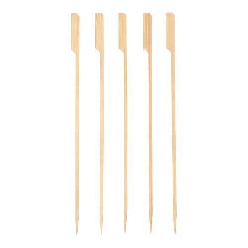 Päť PAPSTAR grilovacích špízov "pure" z dreva (25 cm) od PAPSTAR GmbH s plochou, skosenou hlavou a ostrým hrotom leží vedľa seba na bielom pozadí. Ideálne pre BBQ a grilovacie párty, dostupné v kartónovom obale (150 kusov).