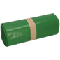 Jedna pevne zabalená rolka DEISS Premium odpadkových vriec (700x1100x0,1 mm, 120 litrov, zelená, 25 kusov) od EMIL DEISS KG (GmbH + Co.) je zabezpečená hnedou papierovou páskou, ideálna na likvidáciu odpadu, ležiaca na bielom podklade.