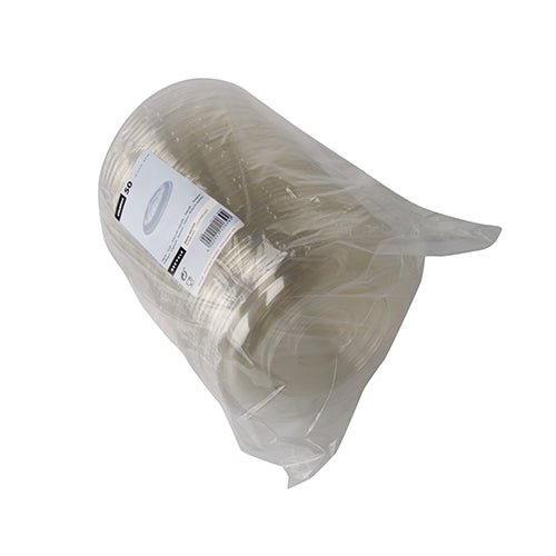 Okrúhle domové vrchnáky Starpak 50 z R-PET (Ø 15,5 cm · 2,5 cm číry) sú zapečatené v recyklovanom PET a dodávané s bielym bočným štítkom – ekologické riešenie balenia.
