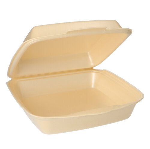 Béžová obdĺžniková Starpak 50 menu box s klapkovým vekom na prenášanie je otvorená a prázdna, ukazujúc svoj hladký vnútorný povrch s klapkovým vekom pripevneným na zadnej strane.