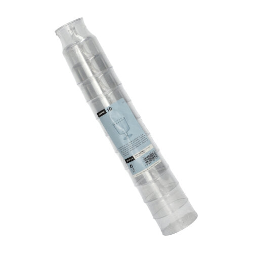 Stoh desiatich Starpak 0,2l stopkových pohárov na červené víno z priehľadného polystyrénu (samostatne, Ø7,2 cm, 10 cm vysoké) je zabalený v zmršťovacej fólii s modro-bielym produktovým označením a obrázkom pohára na víno.