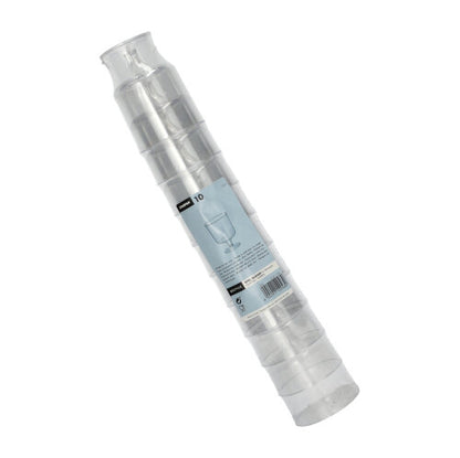 Stoh desiatich Starpak 0,2l stopkových pohárov na červené víno z priehľadného polystyrénu (samostatne, Ø7,2 cm, 10 cm vysoké) je zabalený v zmršťovacej fólii s modro-bielym produktovým označením a obrázkom pohára na víno.