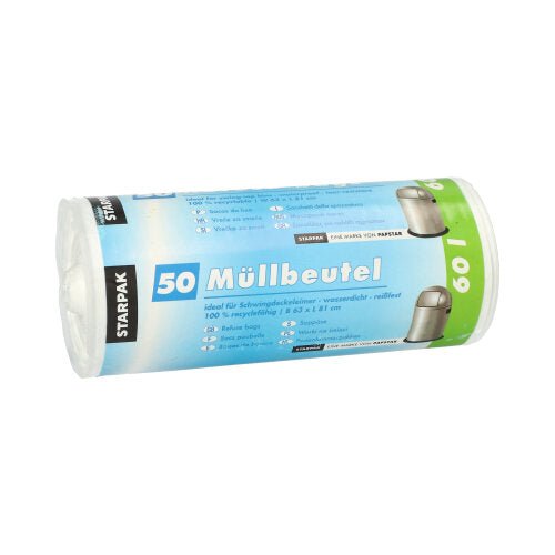 Rolka s 50 Starpak vrecami na odpadky, biele HDPE vrecia (60 l, 81 x 63 cm), s nemeckým popisom a zabalené v obale s logom Starpak.