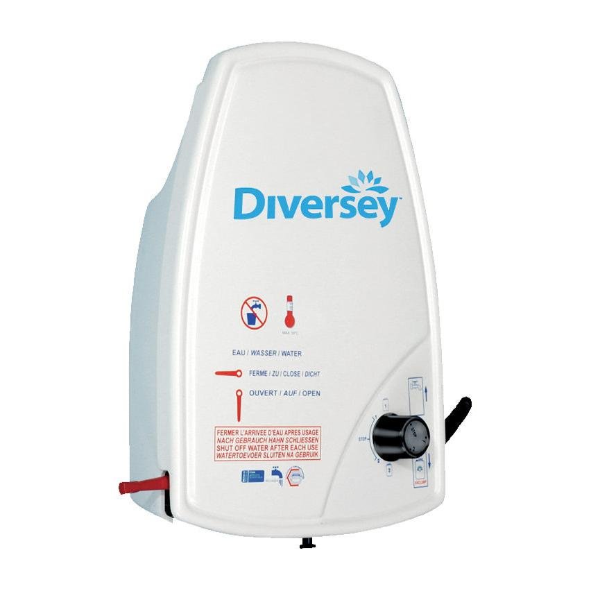 Dávkovacia stanica J1000 od Diversey Deutschland GmbH & Co. OHG je biele, na stenu montované zmiešavacie zariadenie pre produkt s modrým logom, teplomerom, čiernym otočným regulátorom a viacjazyčnými informačnými tabuľkami.