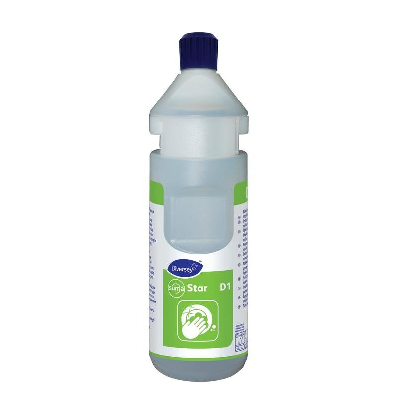 Fľašová súprava Suma Star-plus D1 plus (0,75l) od Diversey Deutschland GmbH & Co. OHG je doplniteľná fľaša s dávkovacím pásom, vhodná pre systémy Divermite a DQFM. Dostupné v kartónoch so 6 fľašami.