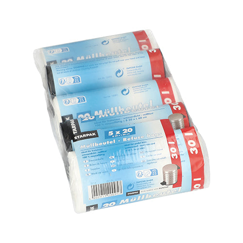 Starpak 100 vriec na odpadky, HDPE, 30 l (60x50 cm), farebne triedené. V kartóne je 5 roliek po 20 vrecúškach, zabalených s modro-červenou etiketou s bielymi popismi a obrázkami odpadkových košov.