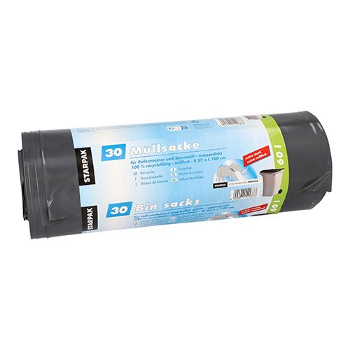 Rolka s 30 extra silnými, odolnými čiernymi LDPE Starpak vrecami na odpadky (60 l, 100 cm x 57 cm) s nápisom „Vrecia na odpadky“ na páske.