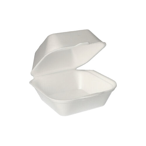 Biela Starpak XPS hamburgerová krabica (7,5 x 12 x 12 cm) s klapkovým vekom, otvorená pred jednoduchým pozadím. Balenie obsahuje 100 zapečatených krabíc.