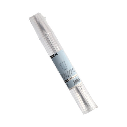 Priehľadný stoh s 40 Starpak pohármi (PS, 0,1 L, Ø5,5 x 7,5 cm), priehľadný a zabalený v zmršťovacej fólii s modrou etiketou – ideálne pre párty a udalosti.