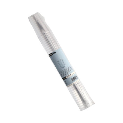 Priehľadný stoh s 40 Starpak pohármi (PS, 0,1 L, Ø5,5 x 7,5 cm), priehľadný a zabalený v zmršťovacej fólii s modrou etiketou – ideálne pre párty a udalosti.