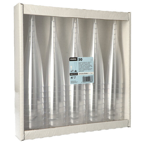 Balenie 50 Starpak stopkových pohárov na sekt (PS, 0,1 l, Ø 5 cm, 17,5 cm) je prezentované v kartónovom obale s priehľadnou prednou stranou a viditeľnou strednou etiketou v priehľadnom dizajne.