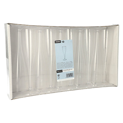 Starpak 10 stopkových pohárov na šampanské (0,1 l, číre, jednodielne) sú prezentované vzpriamene v priehľadnom kartónovom podnose s centrálnou etiketou produktu – perfektné pre štýlový pôžitok zo šampanského. Krabica obsahuje 10 elegantných PS plastových pohárov.