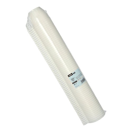 Na obrázku je stoh 60 bielych Starpak kávových šálok (PS, 0,18 l, Ø 7,8 cm, 6 cm) zabalených v zmršťovacej fólii s produktovým štítkom, na ktorom sú zobrazené detaily a množstvo na bielom pozadí.