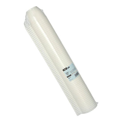 Na obrázku je stoh 60 bielych Starpak kávových šálok (PS, 0,18 l, Ø 7,8 cm, 6 cm) zabalených v zmršťovacej fólii s produktovým štítkom, na ktorom sú zobrazené detaily a množstvo na bielom pozadí.