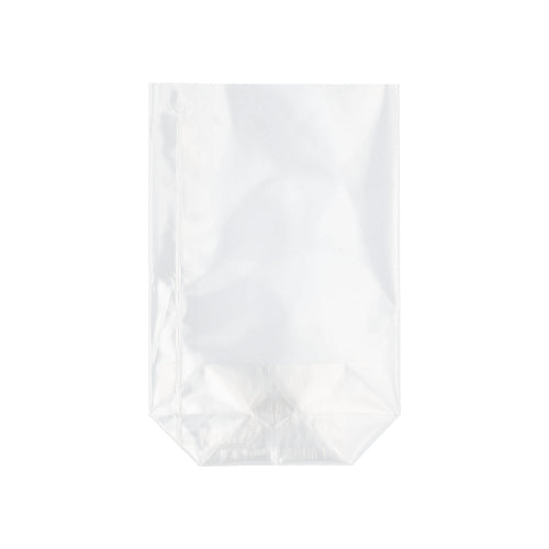 Der Starpak 300 Bodenbeutel aus transparentem PP steht mit flachem Boden aufrecht vor weißem Hintergrund.