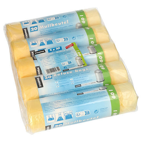 Plastom obalené balenie Starpak obsahuje 100 žltých odpadkových vriec so sťahovacou páskou (HDPE, 60 l, 71 x 64 cm), rozdelených do piatich roliek po 20 vreciach. Etikety obsahujú pokyny a podrobnosti o produkte v niekoľkých jazykoch pre jednoduchú manipuláciu a stabilitu.