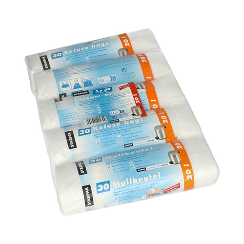 Štyri rolky Starpak 150 sáčkov na odpadky so sťahovacou páskou, HDPE 20L (55x48cm) priehľadné, sú naskladané na seba. Modro-biela etiketa každej rolky zobrazuje „150 kusov“, obrázky košov, pokyny na použitie a poukazuje na hygienické odstraňovanie odpadu.