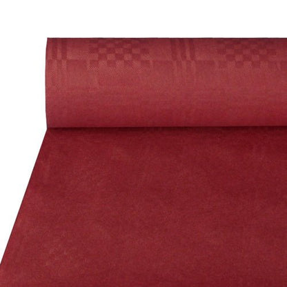Papierová obrus s damaskovým reliéfom (50 m x 1 m) od PAPSTAR GmbH v červenej farbe s jemným kockovaným vzorom je čiastočne rozvinutá a prezentovaná v rovnom stave – ideálna na slávnostné príležitosti.