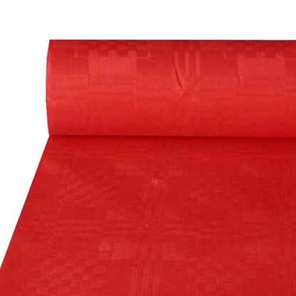 Papierová obrus s damaskovým reliéfom (50 m x 1 m) od PAPSTAR GmbH má povrch s červenou štruktúrou a decentným geometrickým vzorom, ktorý je ideálny na slávnostné príležitosti a dá sa ľahko rozložiť na stôl.