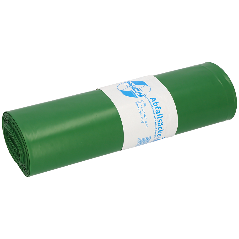 Eine aufgerollte DEISS Müllsäcke 575x1000x0,06 mm aus Recycling-LDPE 70 l von EMIL DEISS KG (GmbH + Co.) mit einem weiß-blauen Etikett mit Text und Grafik, sauber platziert auf einem schlichten weißen Hintergrund.