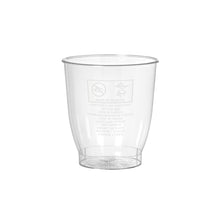 Ein transparentes 300 ml Trinkglas Crystallo der Duni GmbH aus bruchsicherem PS ist leer vor einem weißen Hintergrund abgebildet. Auf der Seite sind Recycling- und Kunststoffsymbole aufgedruckt. Verkauft in Packungen zu 30 Stück.