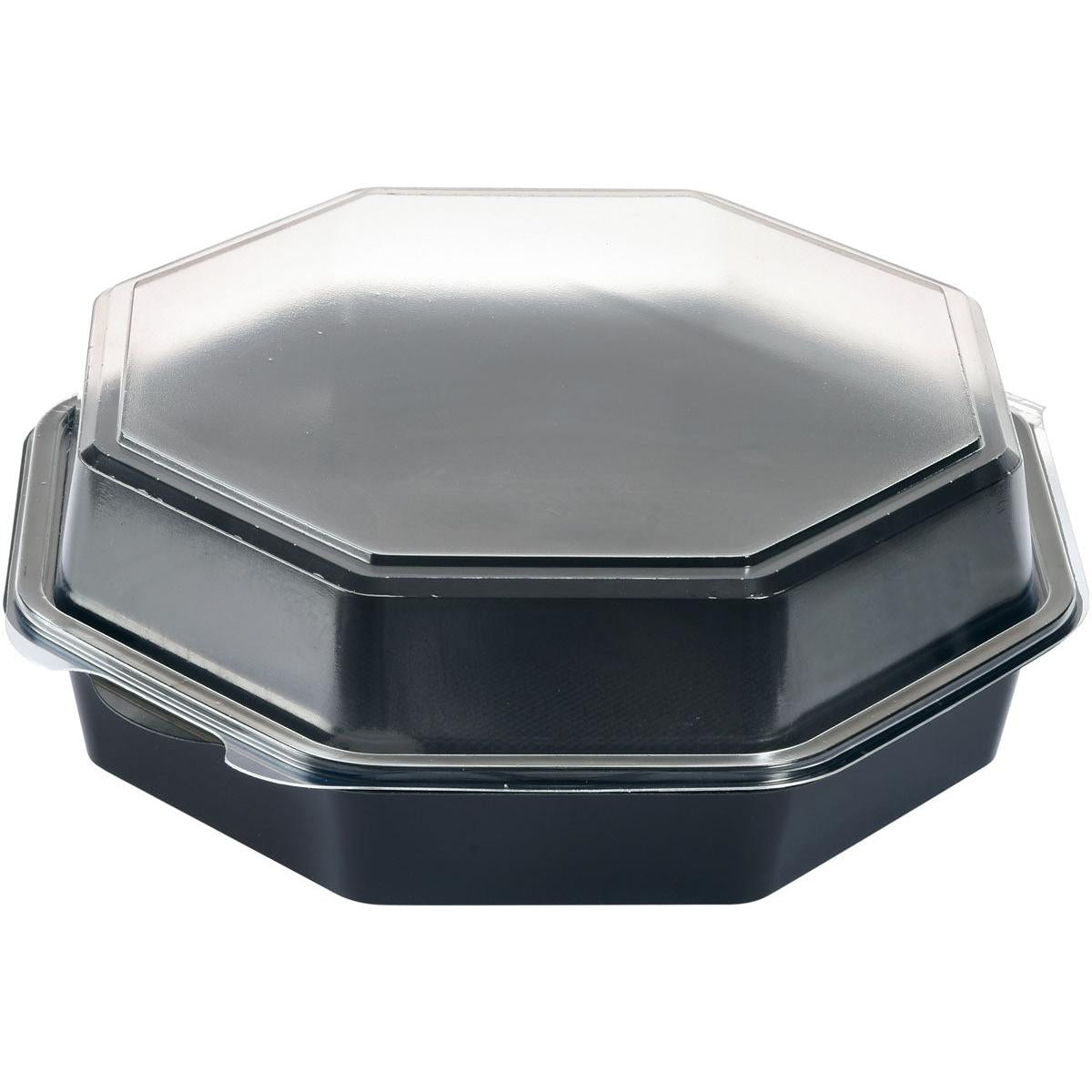 Krabica Duni GmbH Octaview® Čierna/Transparentná 230x230x80 mm (balenie 180 kusov) s priehľadným vekom je zobrazená z mierne zvýšeného uhla na bielej - ideálna ako priehľadná úložná alebo prezentačná krabica na čerstvé potraviny.
