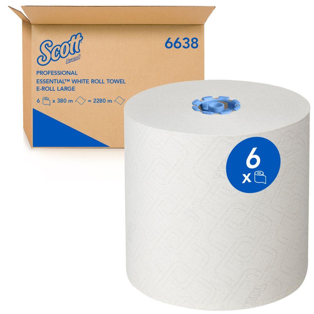 Veľký biely Scott® Essential™ rolkový uterák 6638 Veľká rolka (1-vrstvová) od Kimberly-Clark GmbH s modrou etiketou "6" stojí pred hnedou krabicou s nápisom "Professional Essential White Roll Towel" a "6638".