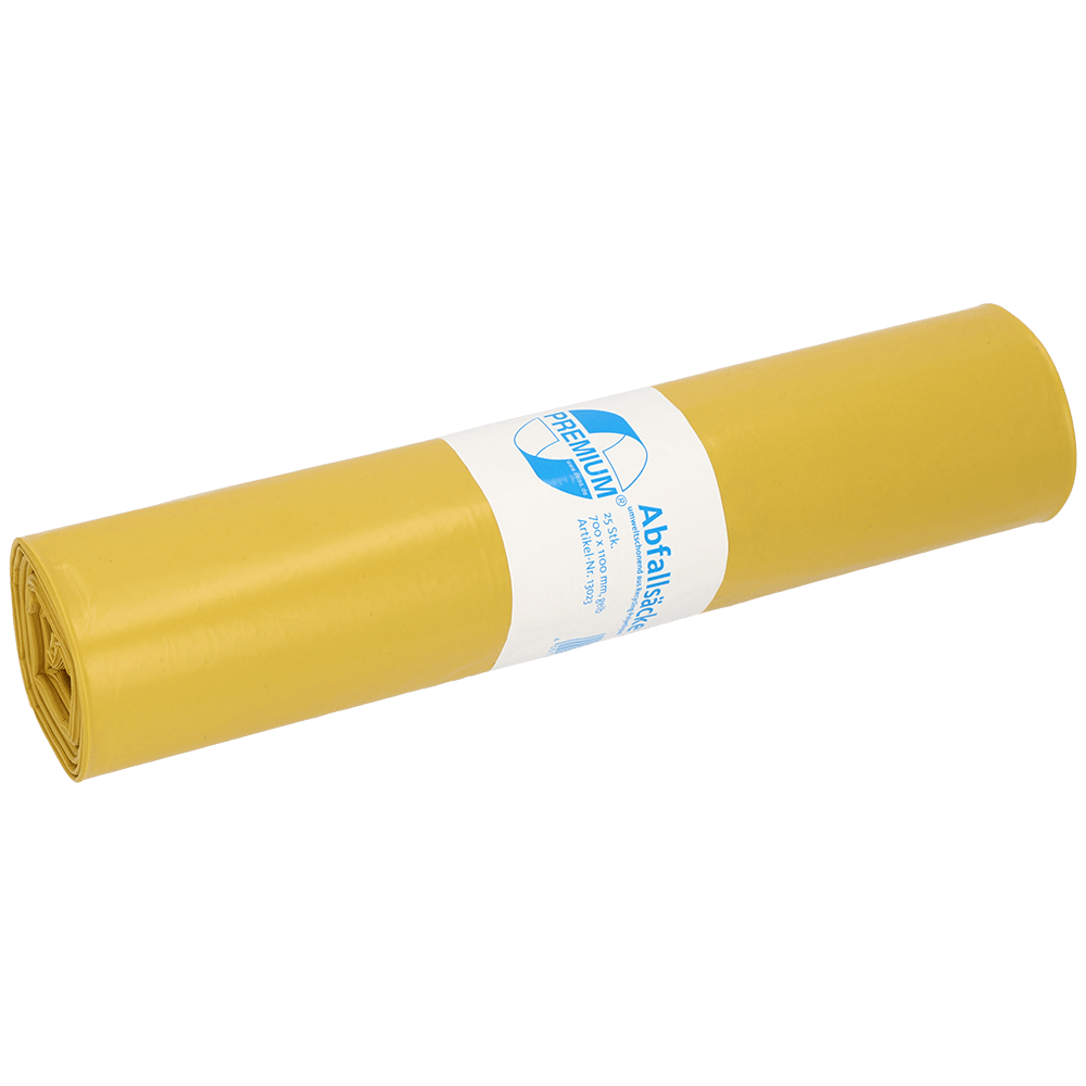 Zobrazená je žltá rolka DEISS 13023 odpadkových vriec (700x1100 mm, typ 60, 25 kusov) od EMIL DEISS KG (GmbH + Co.), s bielo-modrou etiketou v strede, na bielom pozadí.