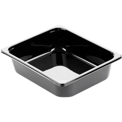 CPET miska 1/2 GN Čierna CPET 325x265 od Duni GmbH je čierna obdĺžniková forma na pečenie so striebristým lesklým okrajom, ideálna pre profesionálnu gastronómiu, zobrazená na bielom pozadí.