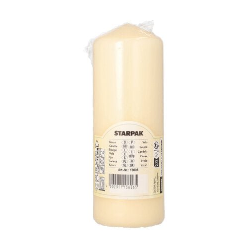 Valcovitá, krémovo biela Starpak stĺpová sviečka (Ø 60 mm, 165 mm) s mimoriadne dlhou dobou horenia, zabalená v priehľadnej fólii. Etiketa nesie nápis „Starpak“ a viacjazyčné detaily produktu.