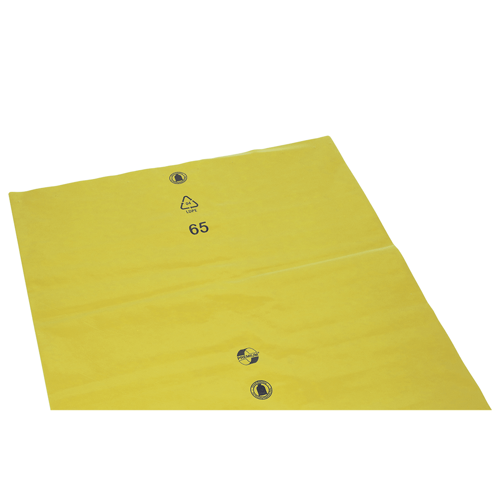Vrecia na odpad DEISS voľné 575x1000x0,01 mm z LDPE 70 l od EMIL DEISS KG (GmbH + Co.) sú ploché žlté LDPE plastové vrecia s recyklačným symbolom, číslom 65 a dvomi čiernymi symbolmi na bielom pozadí.