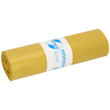 Eine Rolle gelber DEISS Müllsäcke 575x1000x0,06 mm aus Recycling-LDPE 70 l von EMIL DEISS KG (GmbH + Co.) ist mit einem weiß-blauen Etikett mit Produktangaben und Branding fest verpackt.