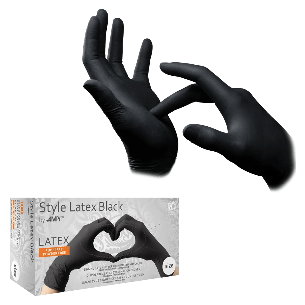 Dve ruky nosia STYLE LATEX BLACK, čierne, nepudrované latexové vyšetrovacie rukavice od AMPri Handelsgesellschaft mbH. Jedna ruka ťahá za manžetu rukavice. Pod týmto zobrazuje balenie dve ruky v rukaviciach v tvare srdca.