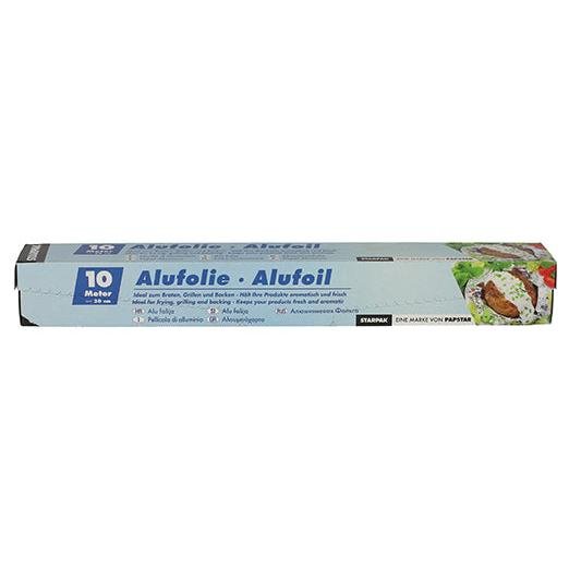 Starpak hliníková fólia v skladacej krabici je obdĺžniková 10 metrov dlhá škatuľa s hliníkovou fóliou s nápisom „Alufolie · Alufoil“. Má svetlomodrý dizajn s bielym a tmavomodrým textom, obrázkami potravín na pravej strane a ukazuje všestranné použitie.