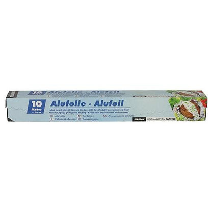 Starpak hliníková fólia v skladacej krabici je obdĺžniková 10 metrov dlhá škatuľa s hliníkovou fóliou s nápisom „Alufolie · Alufoil“. Má svetlomodrý dizajn s bielym a tmavomodrým textom, obrázkami potravín na pravej strane a ukazuje všestranné použitie.