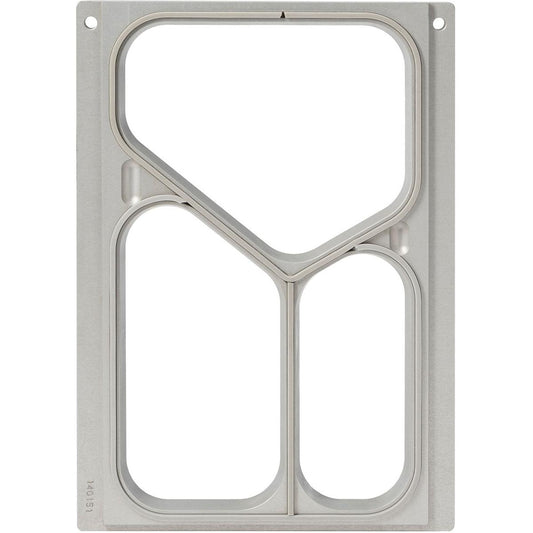 Die Kassette DF10/20 von Duni GmbH ist ein rechteckiger Metallrahmen für drei PP Menüschalen (490/370/200 ml) mit einer trichterförmigen Öffnung oben und zwei abgerundeten Rechtecken unten. Schraublöcher säumen die Ränder. Packung: 1 Stück.