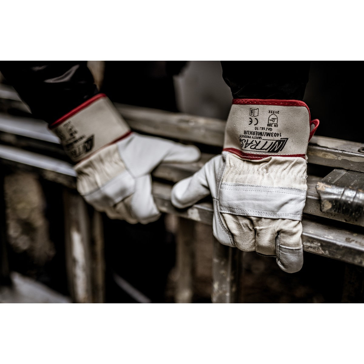 NITRAS MERKUR, celozrnné rukavice z hovädzej kože, prírodná farba / sivá, EN 388 bavlna | Balenie (12 párov)